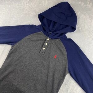 Polo Ralph Lauren Hoodie Youth Large Gray Blue Henley Waffle Knit Raglan Hooded